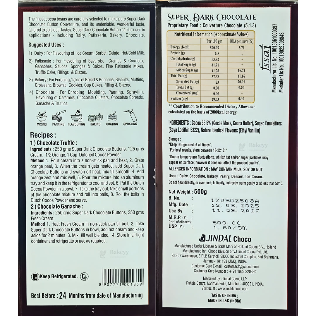 Super Dark Chocolate Couverture by Jindal COCOA | True Bel | Truff Belge | 500g Net Weight