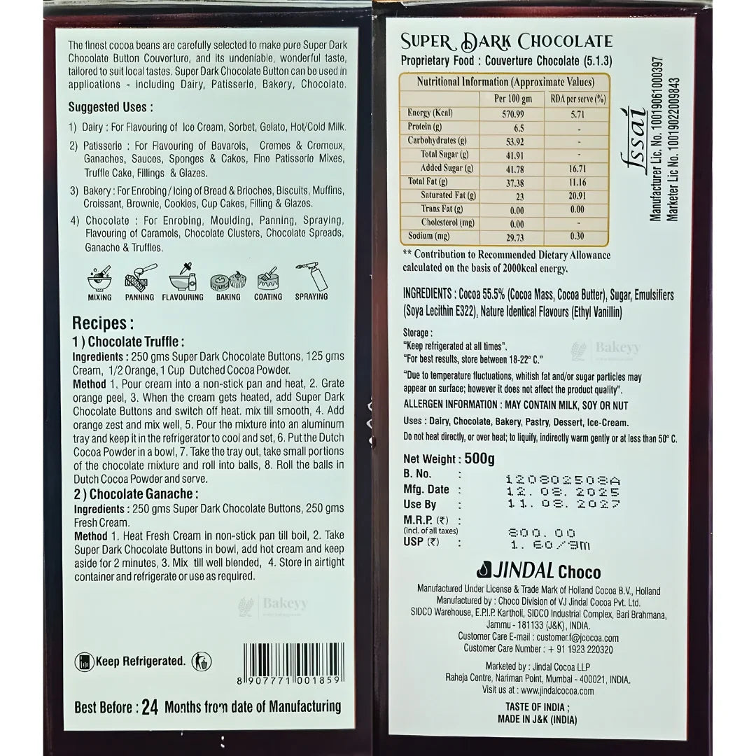 Super Dark Chocolate Couverture by Jindal COCOA | True Bel | Truff Belge | 500g Net Weight