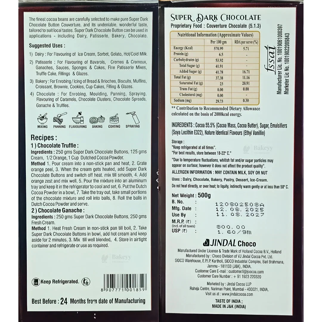 Super Dark Chocolate Couverture by Jindal COCOA | True Bel | Truff Belge | 500g Net Weight - Bakeyy.com - India - Super Dark Chocolate Couverture by Jindal COCOA | True Bel | Truff Belge | 500g Net Weight - Default Title 800.00