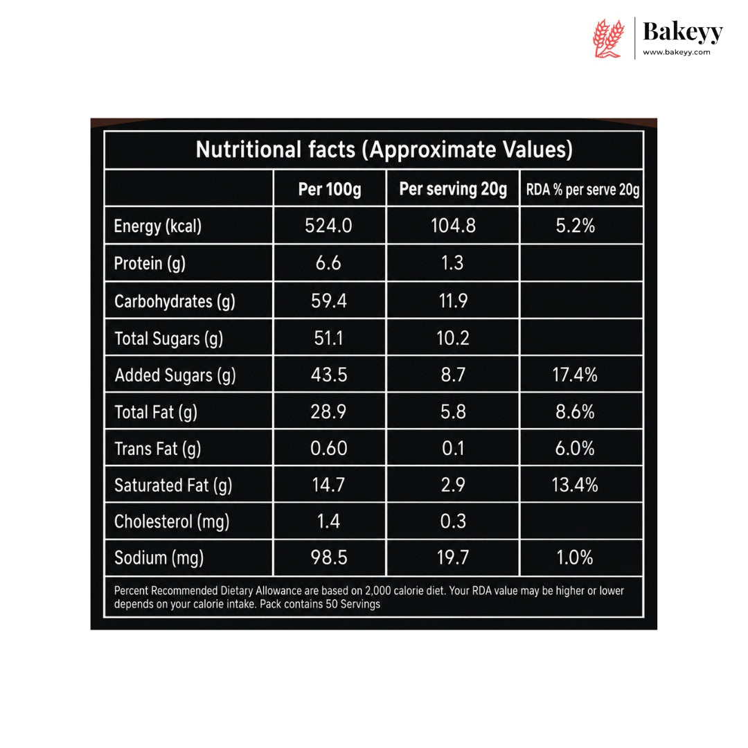 A black rectangular nutritional facts label with white text, showing per 100g and per 20g serving values for energy, protein, carbohydrates, sugars, fat, and sodium, with a Bakeey logo in the top right corner.