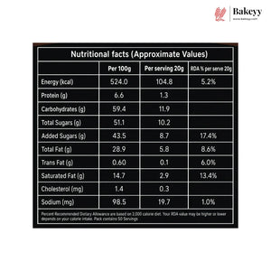 A black rectangular nutritional facts label with white text, showing per 100g and per 20g serving values for energy, protein, carbohydrates, sugars, fat, and sodium, with a Bakeey logo in the top right corner.