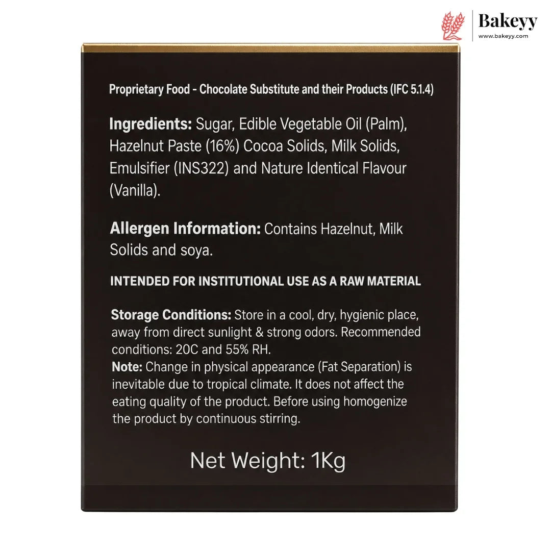 A 1kg chocolate substitute package label showing detailed product information, ingredients, allergen warnings, and storage conditions on a white background with the Bakeyy brand logo in the top right corner.