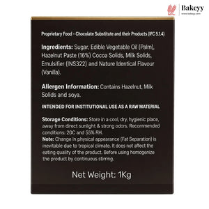 A 1kg chocolate substitute package label showing detailed product information, ingredients, allergen warnings, and storage conditions on a white background with the Bakeyy brand logo in the top right corner.