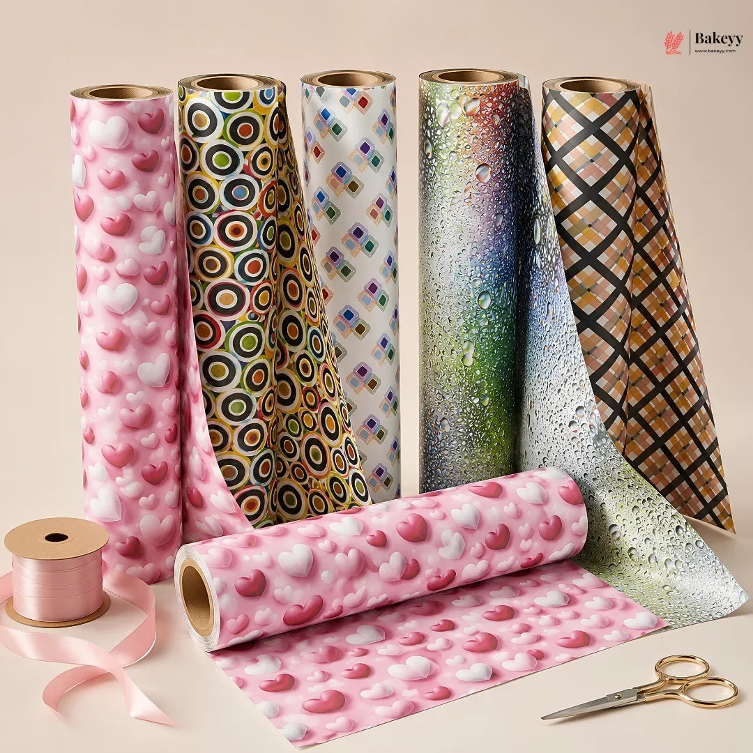 Collection of patterned gift wrap rolls with a spool of ribbon and scissors on a beige background.
