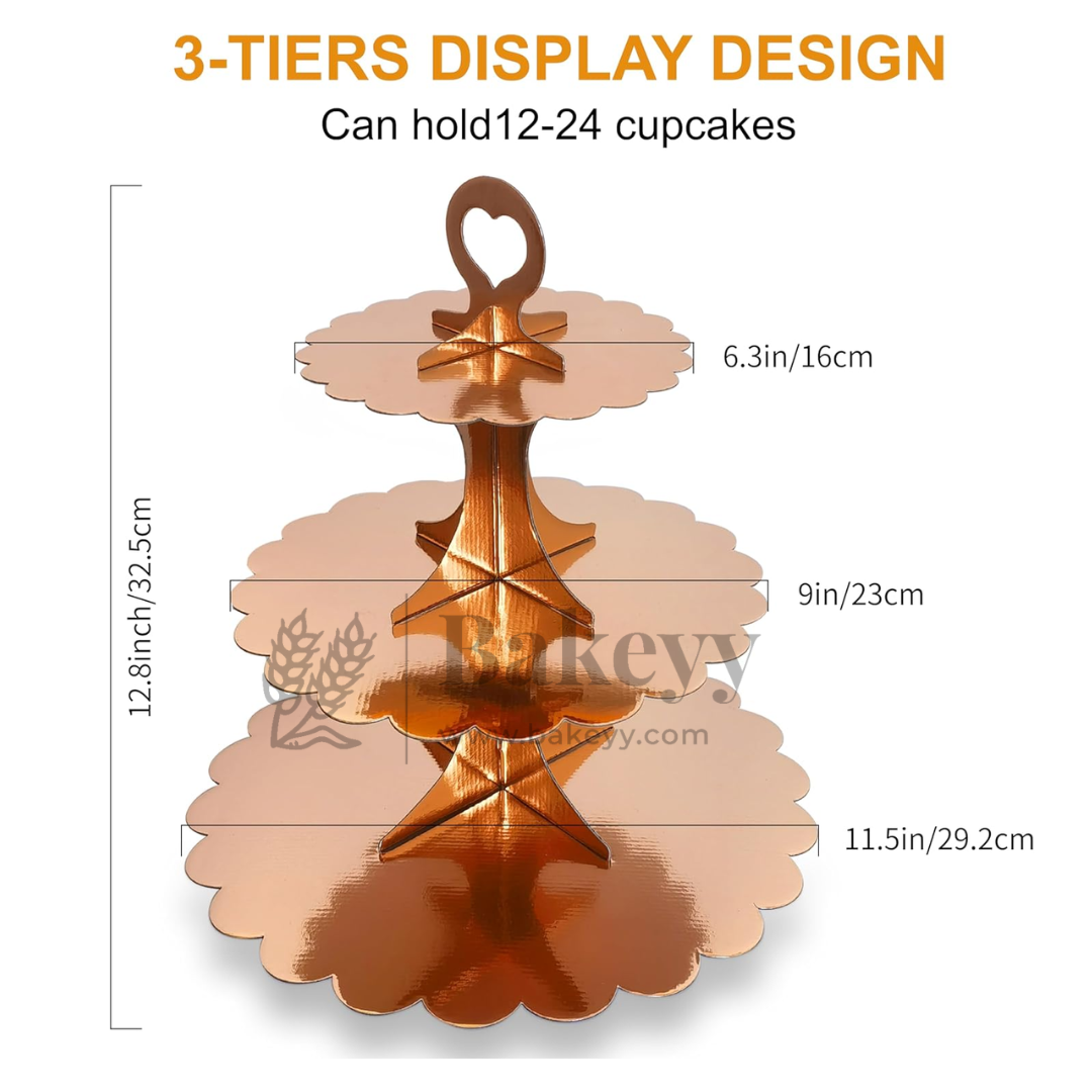 Copper-colored three-tiered cupcake stand with measurements and capacity details on a white background.