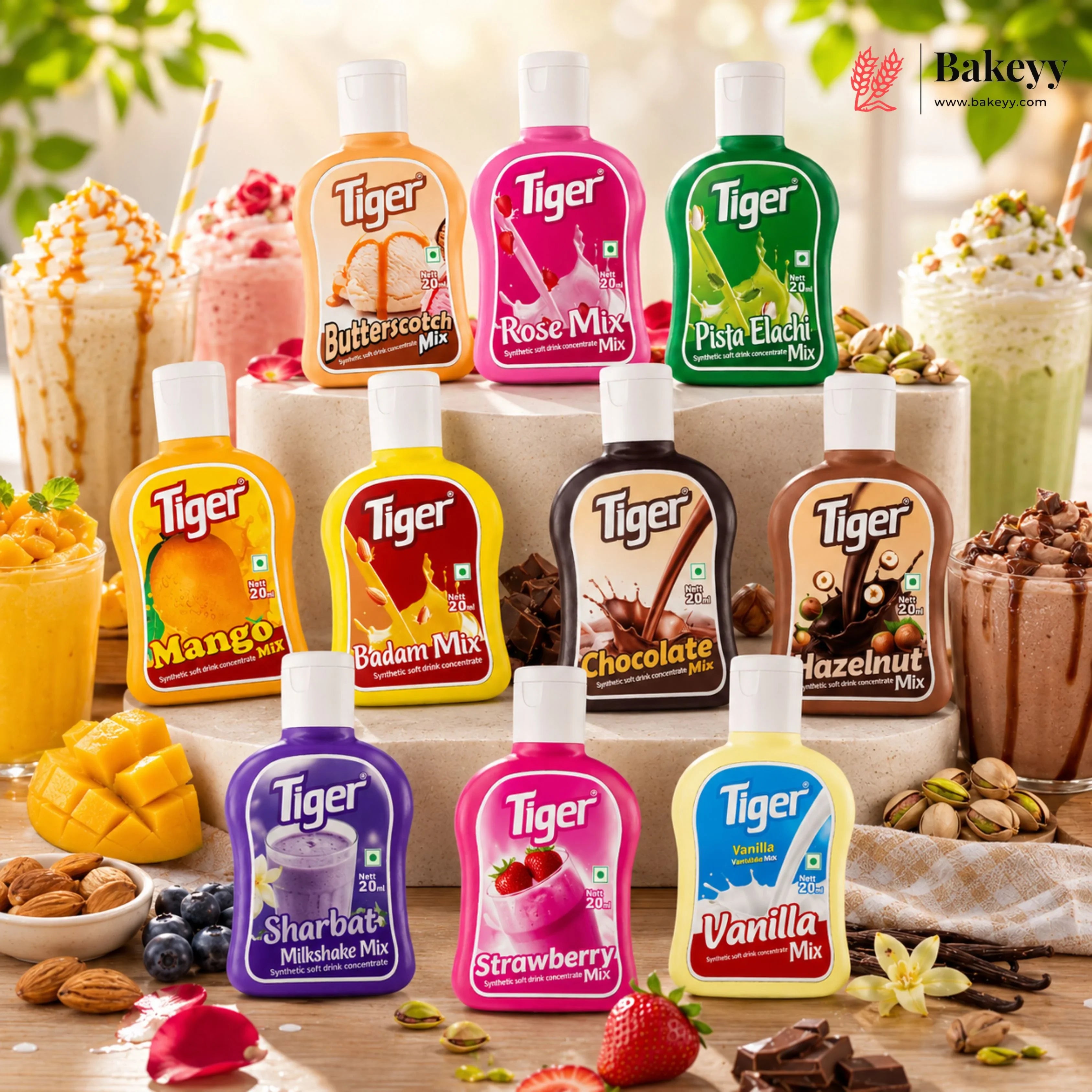 Assorted Tiger milkshake mixes with various flavors displayed on a table.