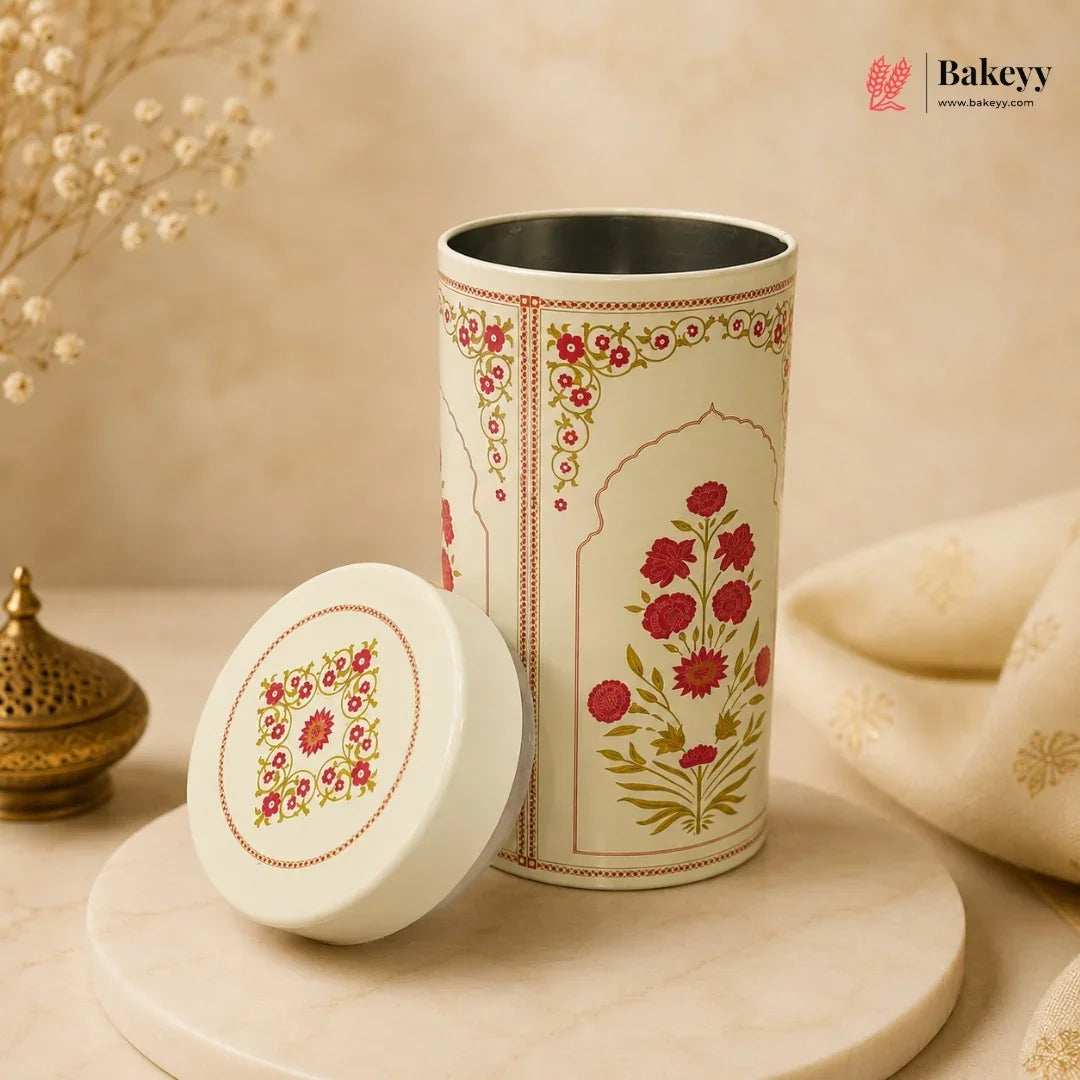 Decorative tumbler with floral patterns on a beige background, featuring the Bakeyy brand.