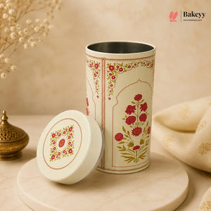Decorative tumbler with floral patterns on a beige background, featuring the Bakeyy brand.