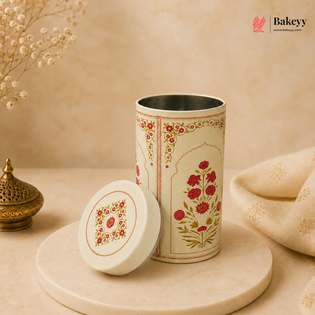Decorative storage jar with floral patterns on a beige background, featuring the Bakeyy brand.