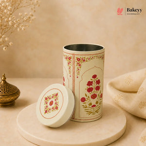 Decorative storage jar with floral patterns on a beige background, featuring the Bakeyy brand.