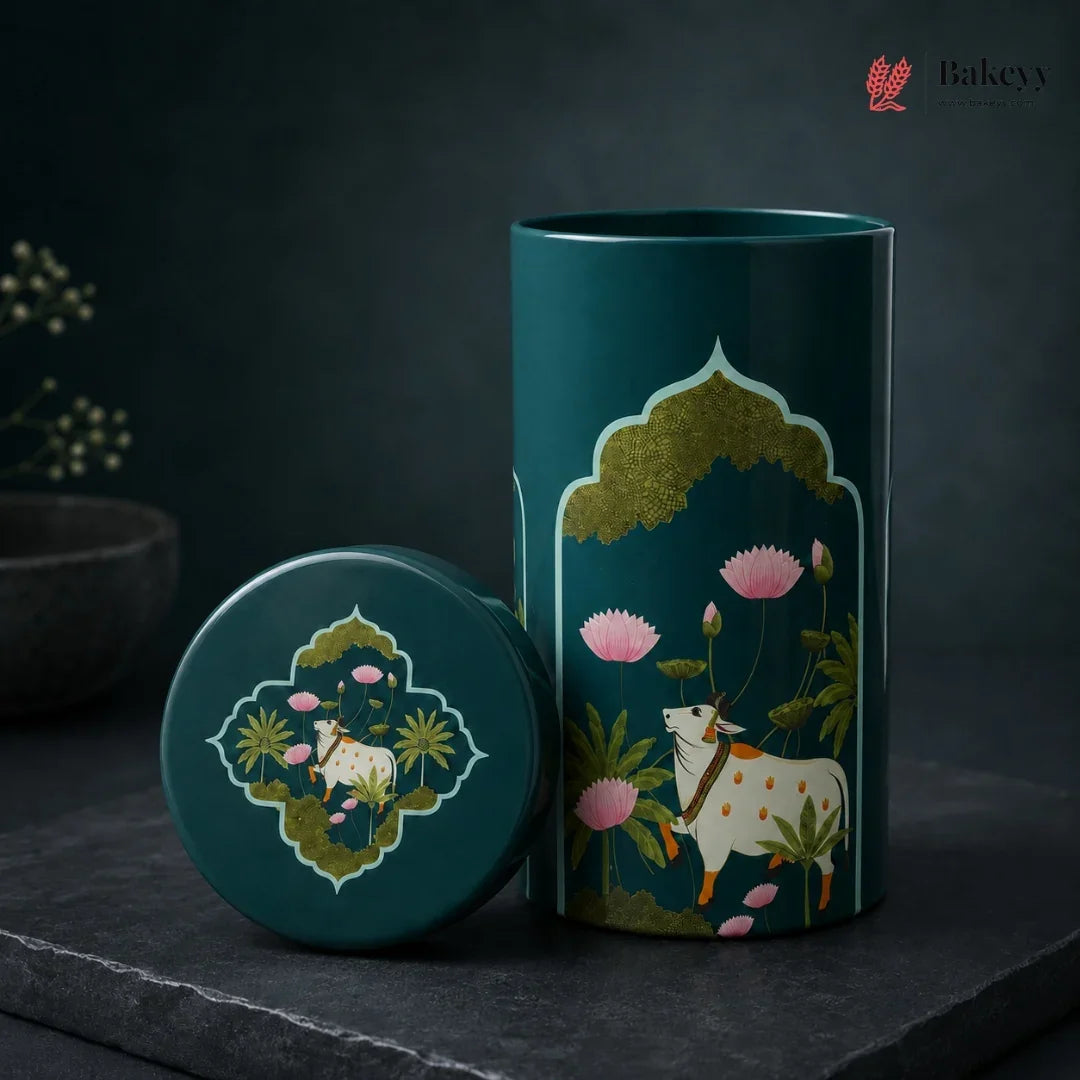 Decorative teal cylindrical container with cow and floral design on a dark background