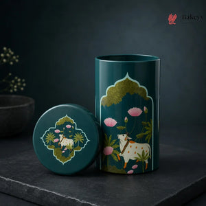 Teal ceramic container with cow and floral design on a dark background