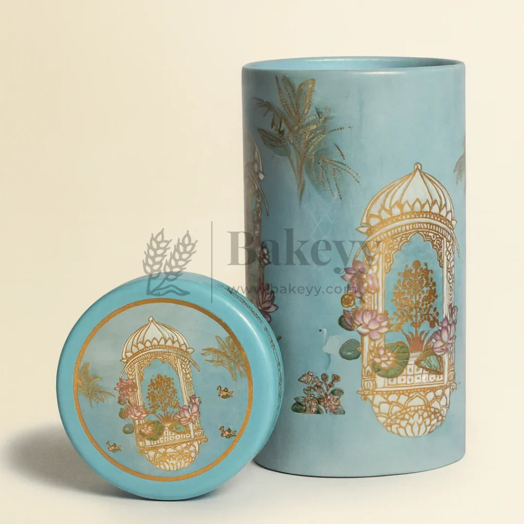 7x15 cm | Elegant Light Blue Floral Storage Tin Jar with Golden Arch Motif | Pack of 1 - Bakeyy.com - India - 7x15 cm | Elegant Light Blue Floral Storage Tin Jar with Golden Arch Motif | Pack of 1 - Default Title