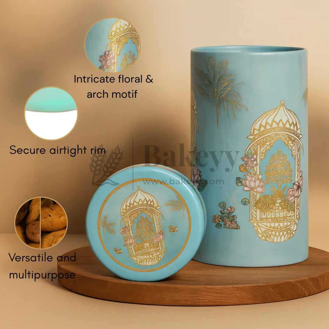 7x15 cm | Elegant Light Blue Floral Storage Tin Jar with Golden Arch Motif | Pack of 1 - Bakeyy.com - India - 7x15 cm | Elegant Light Blue Floral Storage Tin Jar with Golden Arch Motif | Pack of 1 - Default Title