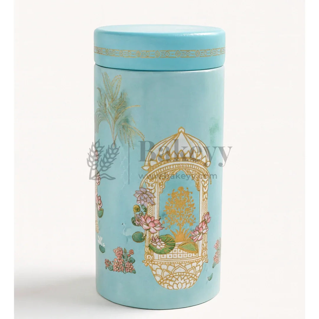 7x15 cm | Elegant Light Blue Floral Storage Tin Jar with Golden Arch Motif | Pack of 1 - Bakeyy.com - India - 7x15 cm | Elegant Light Blue Floral Storage Tin Jar with Golden Arch Motif | Pack of 1 - Default Title