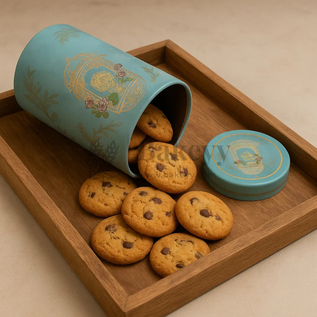 7x15 cm | Elegant Light Blue Floral Storage Tin Jar with Golden Arch Motif | Pack of 1 - Bakeyy.com - India - 7x15 cm | Elegant Light Blue Floral Storage Tin Jar with Golden Arch Motif | Pack of 1 - Default Title