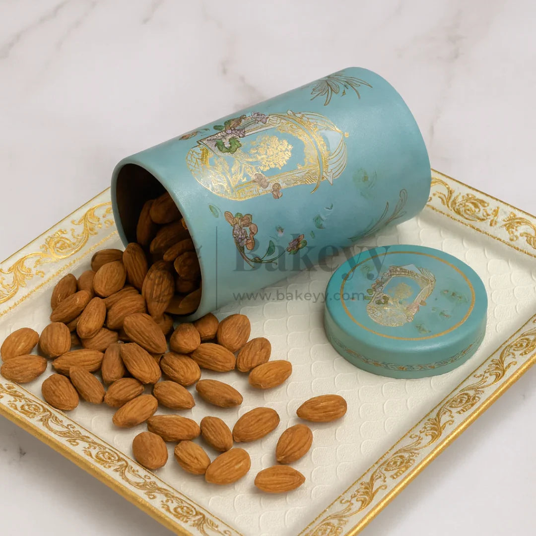 7x15 cm | Elegant Light Blue Floral Storage Tin Jar with Golden Arch Motif | Pack of 1 - Bakeyy.com - India - 7x15 cm | Elegant Light Blue Floral Storage Tin Jar with Golden Arch Motif | Pack of 1 - Default Title