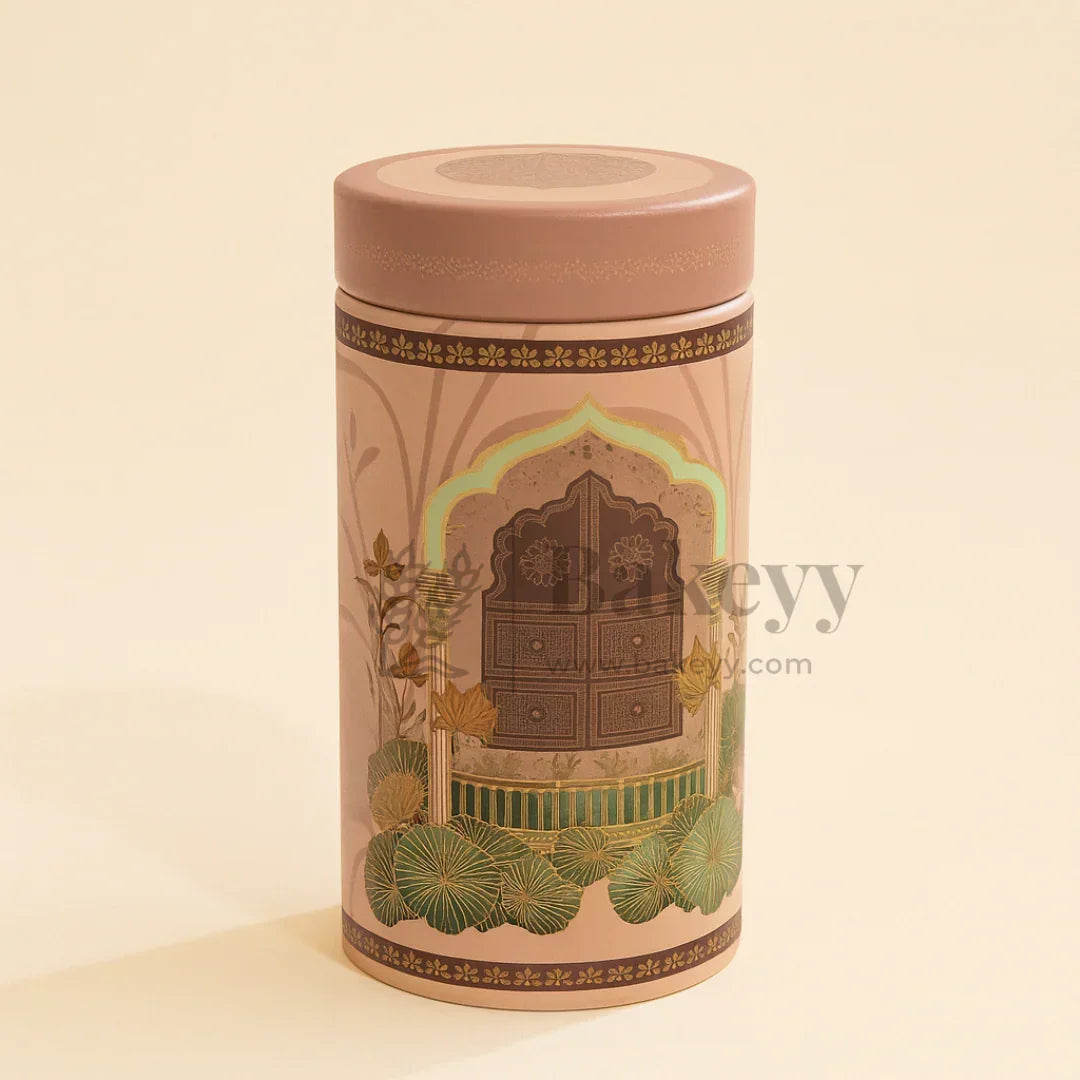 7x15 cm | Premium Brown & Rose Cylindrical Tin Box with Floral Arch Design | Pack of 1 - Bakeyy.com - India - 7x15 cm | Premium Brown & Rose Cylindrical Tin Box with Floral Arch Design | Pack of 1 - Default Title