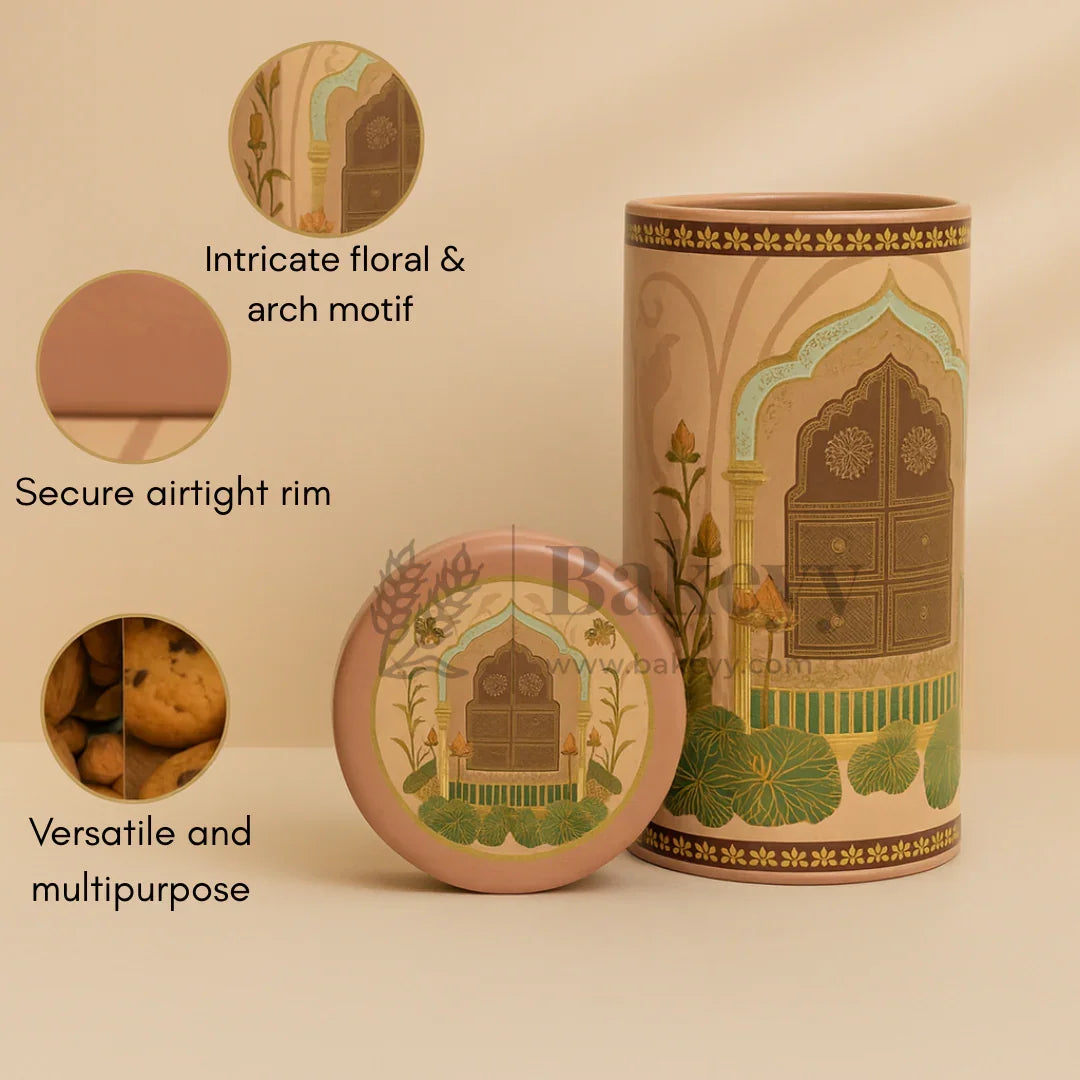 7x15 cm | Premium Brown & Rose Cylindrical Tin Box with Floral Arch Design | Pack of 1 - Bakeyy.com - India - 7x15 cm | Premium Brown & Rose Cylindrical Tin Box with Floral Arch Design | Pack of 1 - Default Title