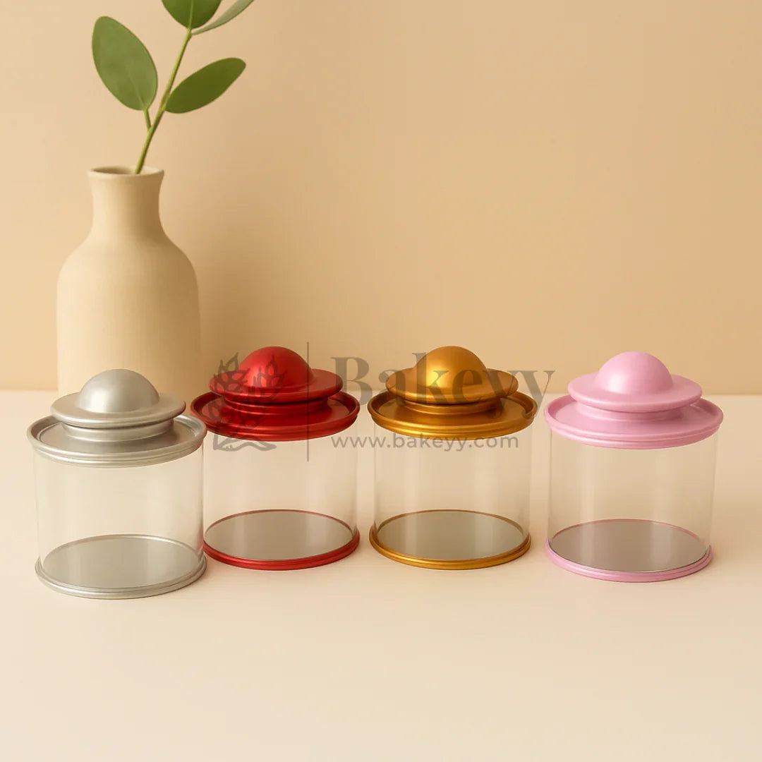 Transparent Round Tin Boxes with Dome Shaped Metal Lids | Mixed Colour | Decorative Tin| Acrylic Box | Storage Tin | Pack of 12 - Bakeyy.com - India - Transparent Round Tin Boxes with Dome Shaped Metal Lids | Mixed Colour | Decorative Tin| Acrylic Box | Storage Tin | Pack of 12 - Default Title