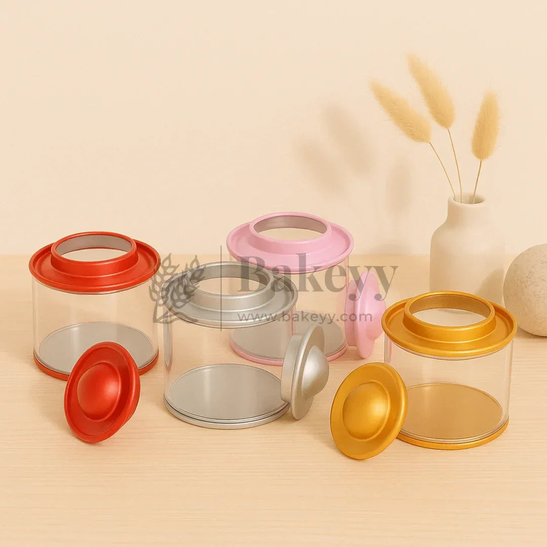 Transparent Round Tin Boxes with Dome Shaped Metal Lids | Mixed Colour | Decorative Tin| Acrylic Box | Storage Tin | Pack of 12 - Bakeyy.com - India - Transparent Round Tin Boxes with Dome Shaped Metal Lids | Mixed Colour | Decorative Tin| Acrylic Box | Storage Tin | Pack of 12 - Default Title