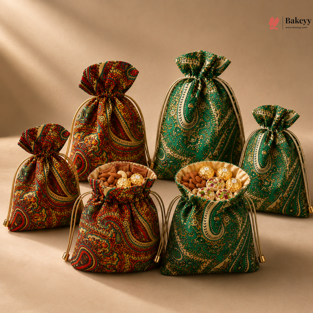 Decorative fabric bags with paisley patterns filled with snacks on a beige background