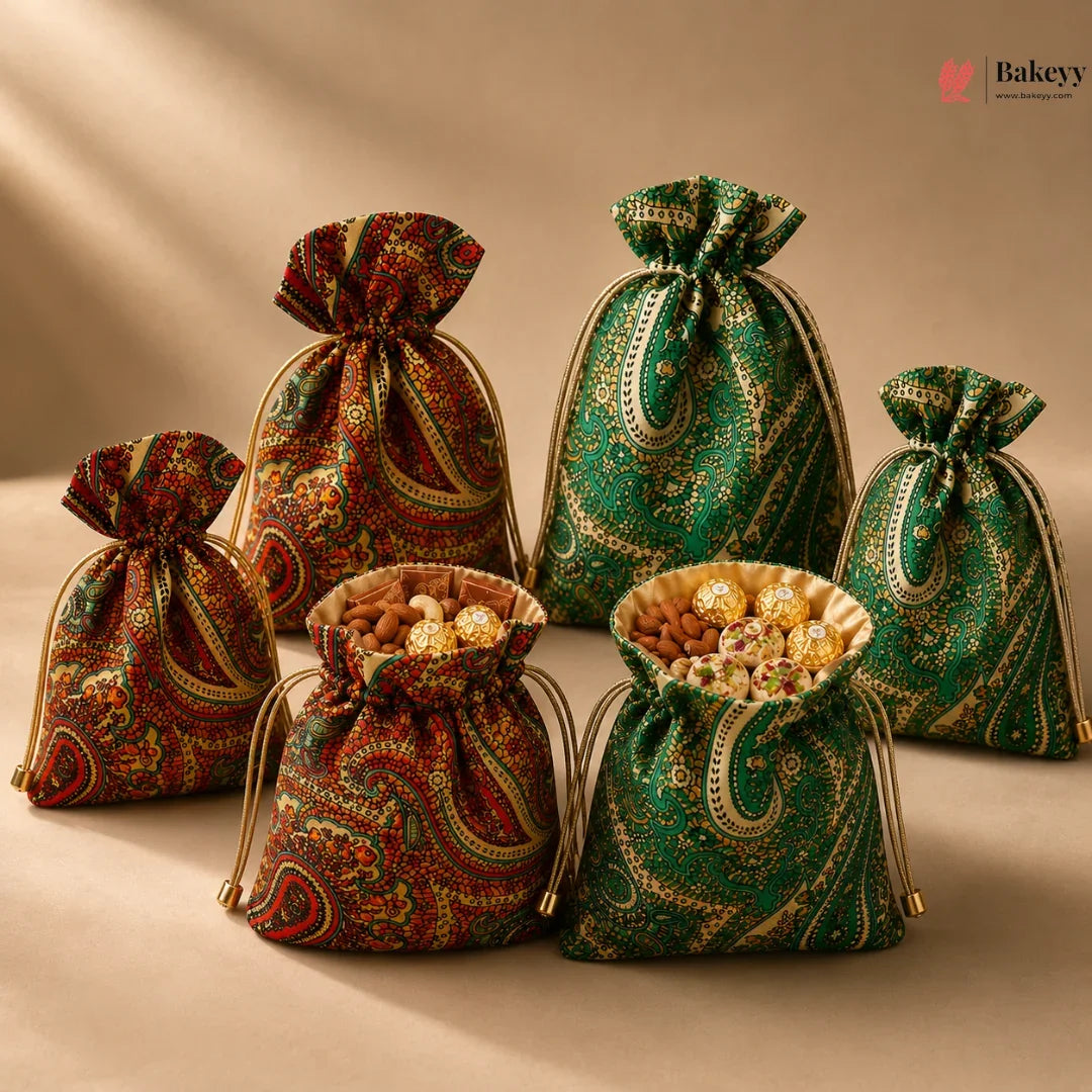 Decorative fabric bags with paisley patterns filled with snacks on a beige background
