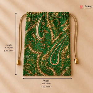 A green drawstring pouch with a beige and gold paisley pattern, shown with dimension lines indicating a height of 8 inches (20.3 cm) and a width of 6 inches (15.