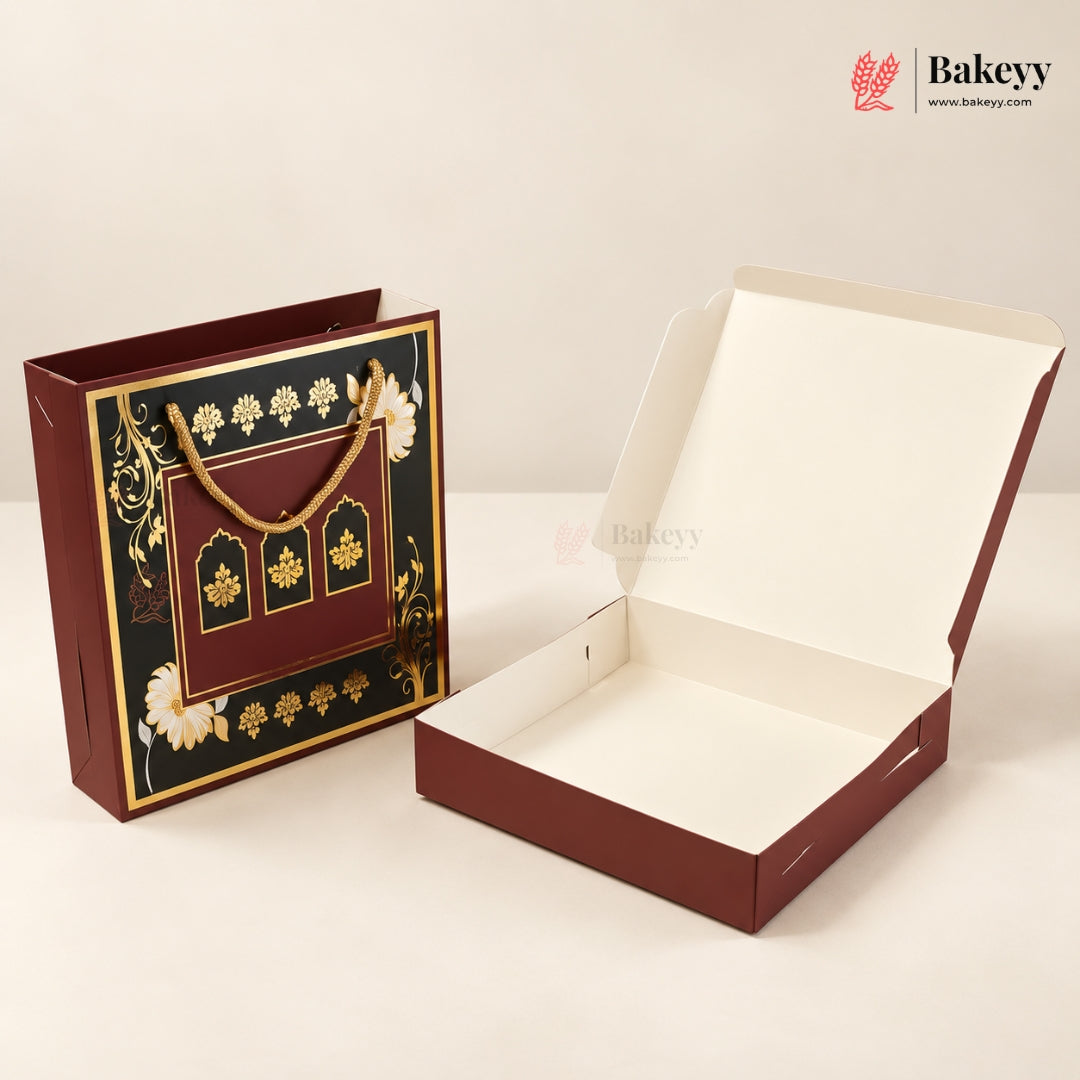 Traditional Arch & Floral Printed Chocolate Sweet Box with Matching Handle Paper Bag | With & Without Cavity | Pack of 10