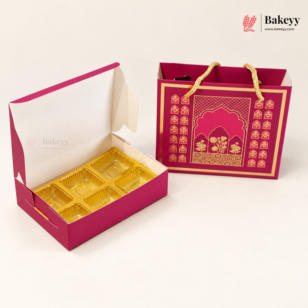 Traditional Arch & Floral Printed Chocolate Sweet Box with Matching Handle Paper Bag | With & Without Cavity | Pack of 10