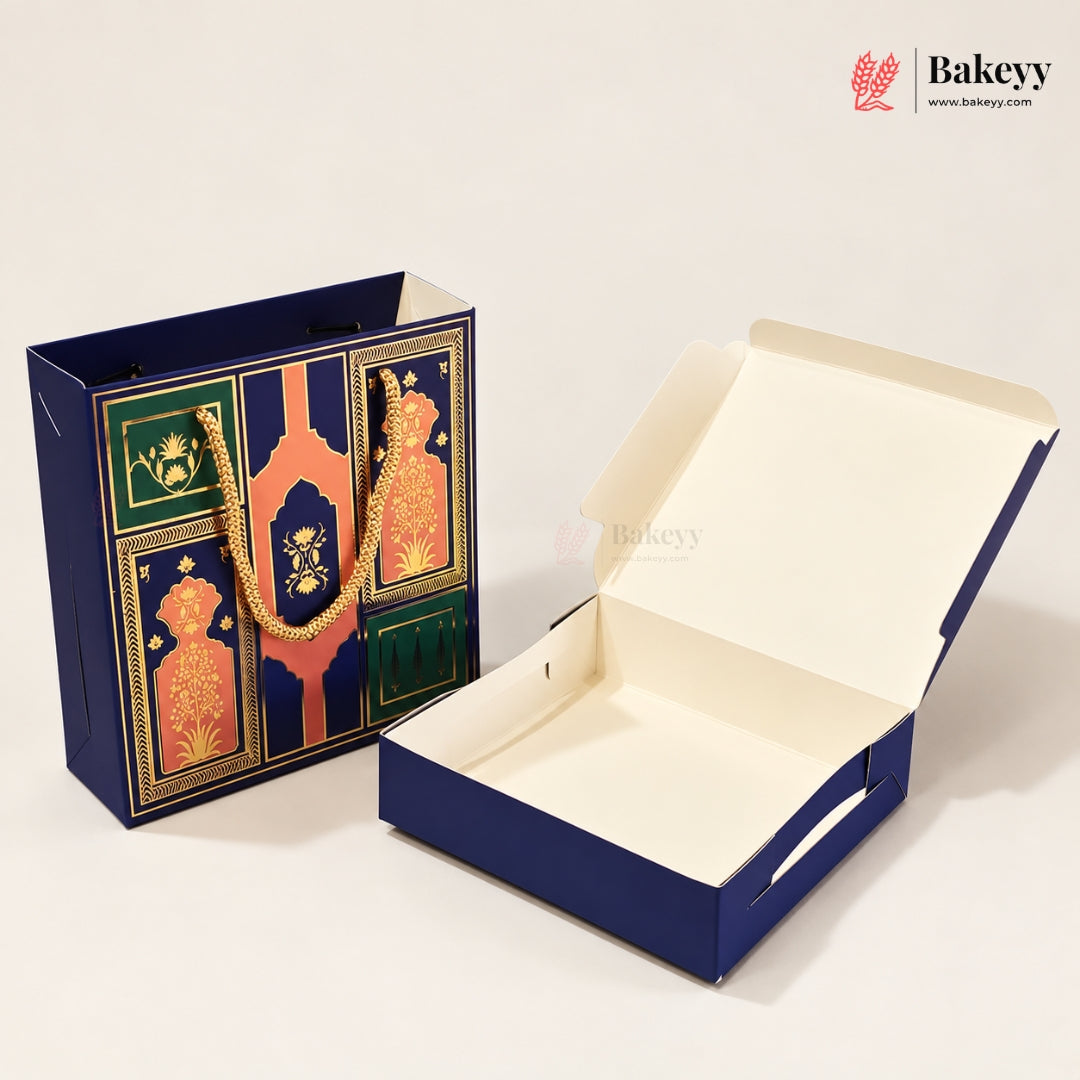 Traditional Arch & Floral Printed Chocolate Sweet Box with Matching Handle Paper Bag | With & Without Cavity | Pack of 10