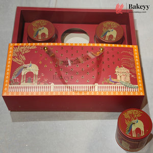 Traditional Printed Gift Hamper Boxes with Transparent Handle | With and Without Jar Options | 2 Designs | Pack of 5