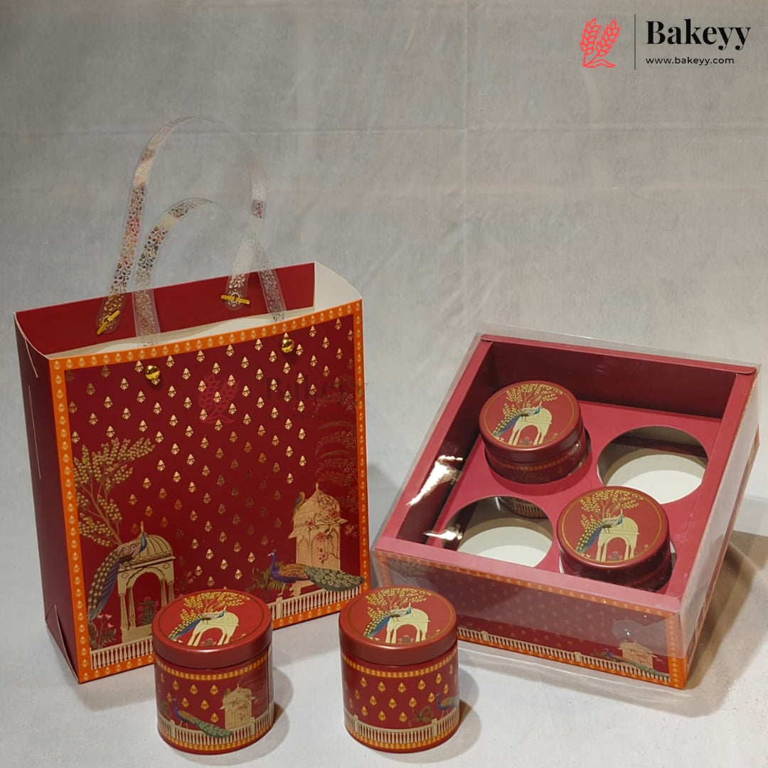Traditional Printed Gift Hamper Boxes with Transparent Handle | With and Without Jar Options | 2 Designs | Pack of 5