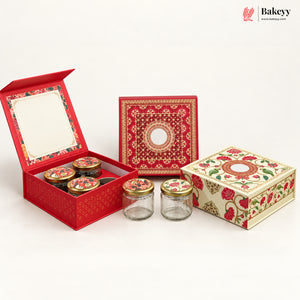 Traditional Printed Hamper Box with 4 Glass Jars | Magnetic Closure | 3 Designs | Pack of 1