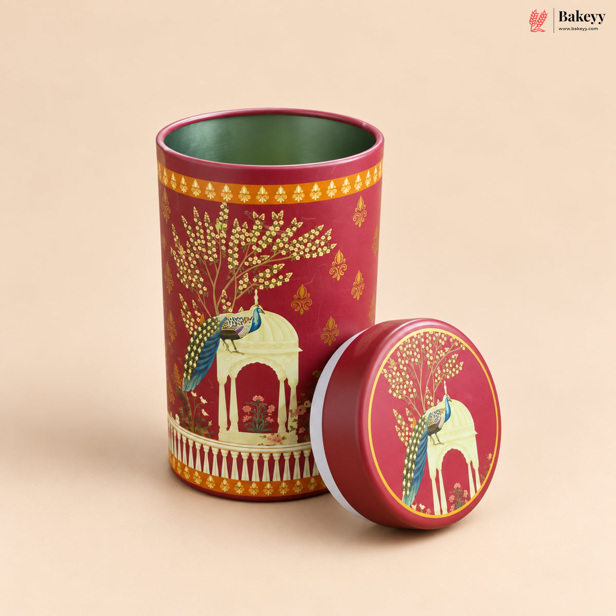 Traditional Printed Round Tin Jar with Lid | 2 Designs & 2 Sizes | Pack of 4