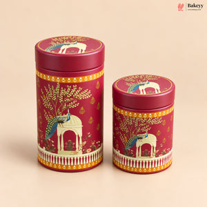Traditional Printed Round Tin Jar with Lid | 2 Designs & 2 Sizes | Pack of 4