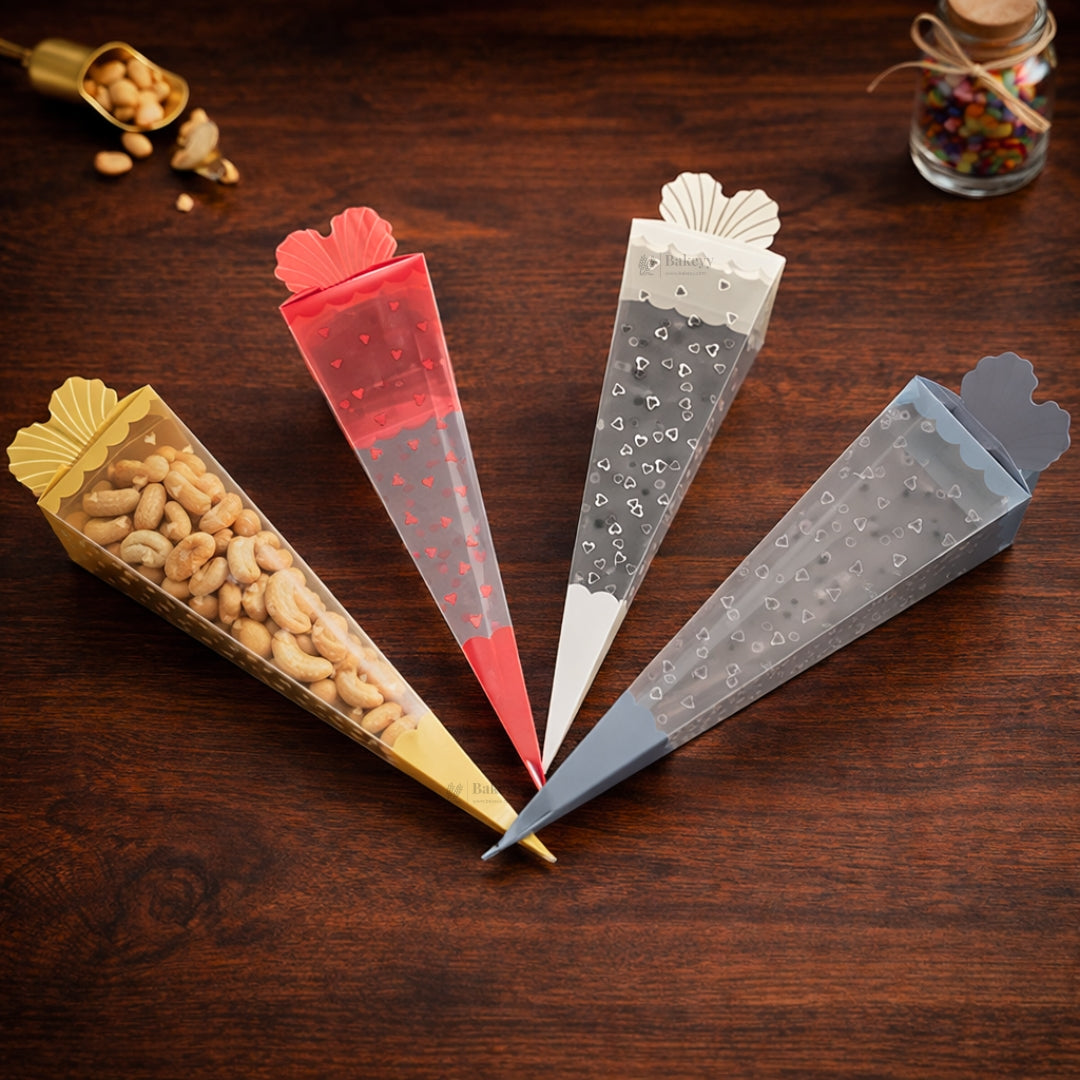 Transparent Cone Shape PVC Dry Fruit & Snack Packing Pouches | Decorative Goodie & Gift Packaging | Pack of 10