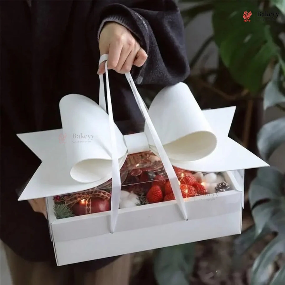 Transparent Lid Gift Hamper Box with Bow & Handle | Multiple Sizes | Pink & White | Pack of 5