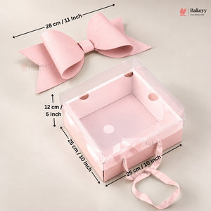 Transparent Lid Gift Hamper Box with Bow & Handle | Multiple Sizes | Pink & White | Pack of 5