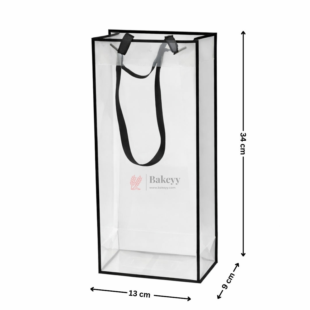 Transparent PVC Flower Gift Bag (Tall Rose Box Bag) | Clear Display Carry Bag with Black Handle | 34×13×9 cm | Pack of 6