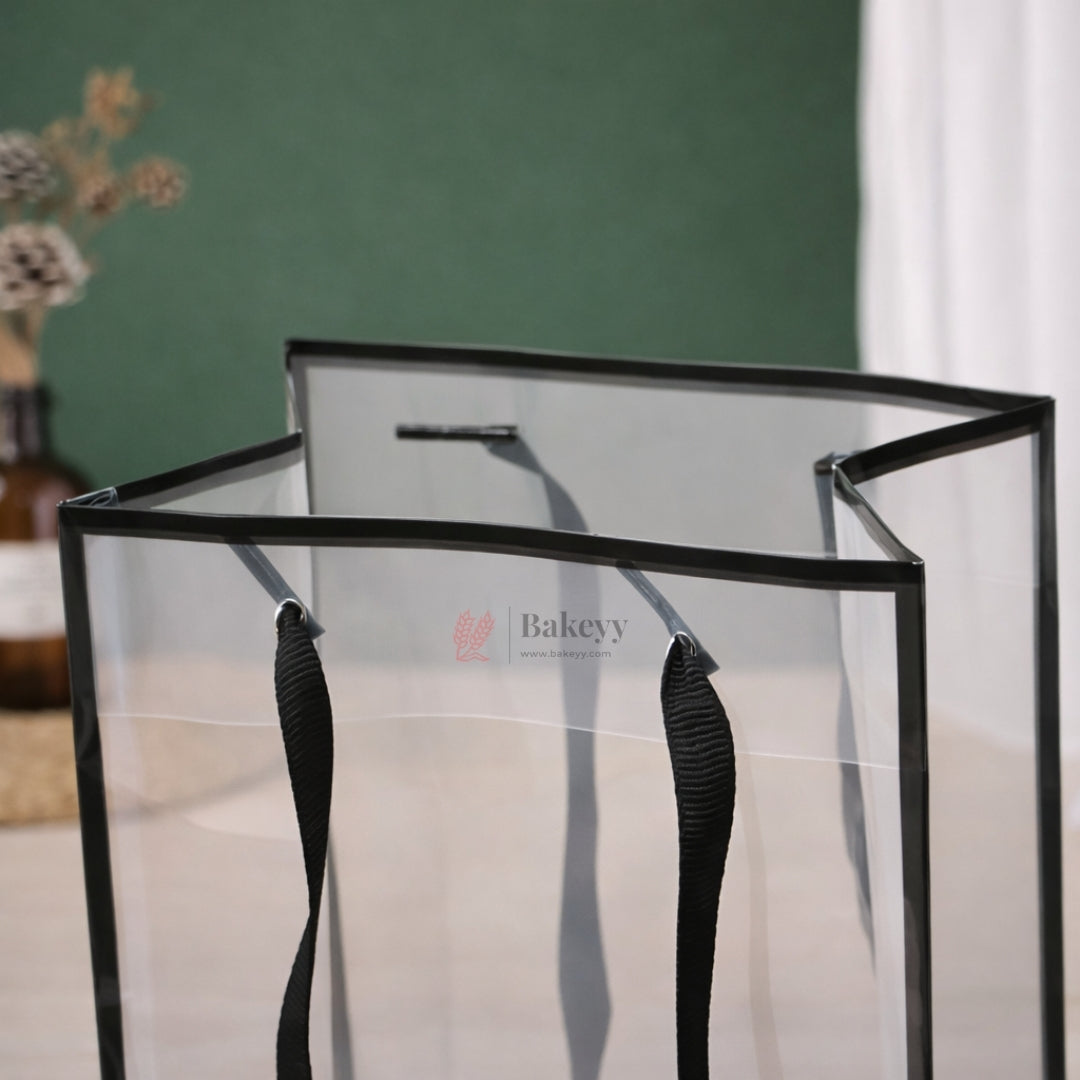 Transparent PVC Flower Gift Bag (Tall Rose Box Bag) | Clear Display Carry Bag with Black Handle | 34×13×9 cm | Pack of 6