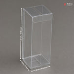 Clear plastic box with dimensions labeled on a gray background