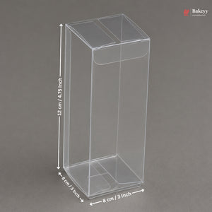 Clear plastic box with dimensions labeled on a gray background