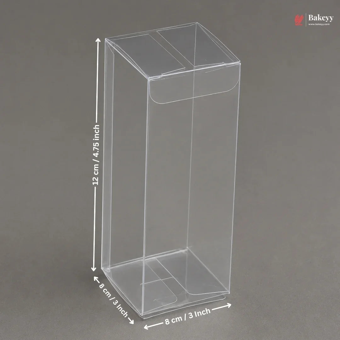 Clear plastic box with dimensions labeled on a gray background