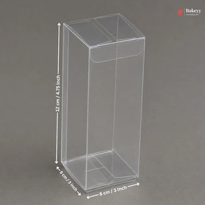 Clear plastic box with dimensions labeled on a gray background