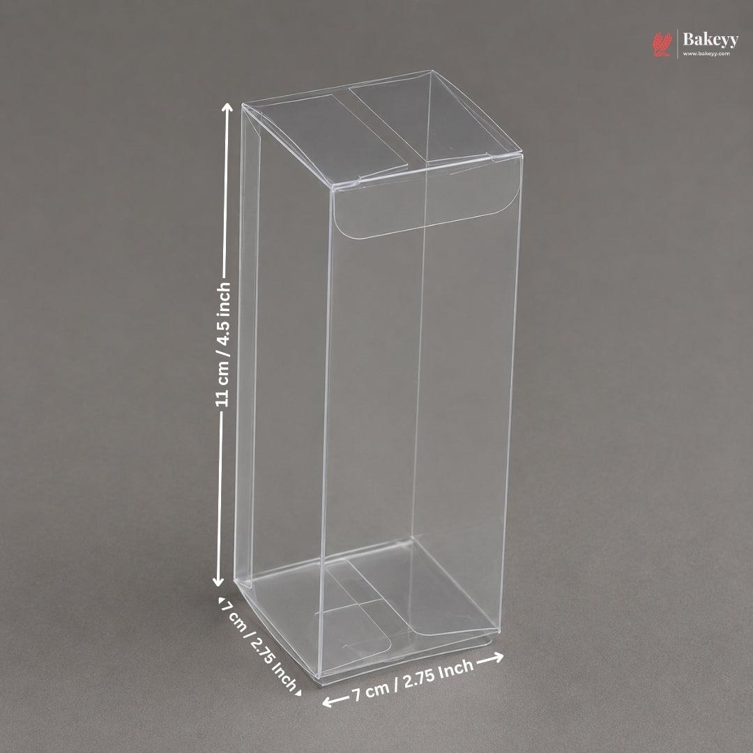 Clear plastic box with dimensions on a gray background