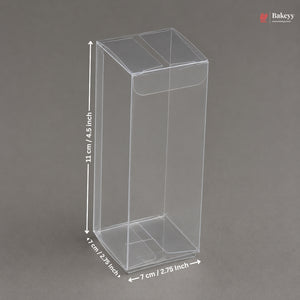 Clear plastic box with dimensions on a gray background