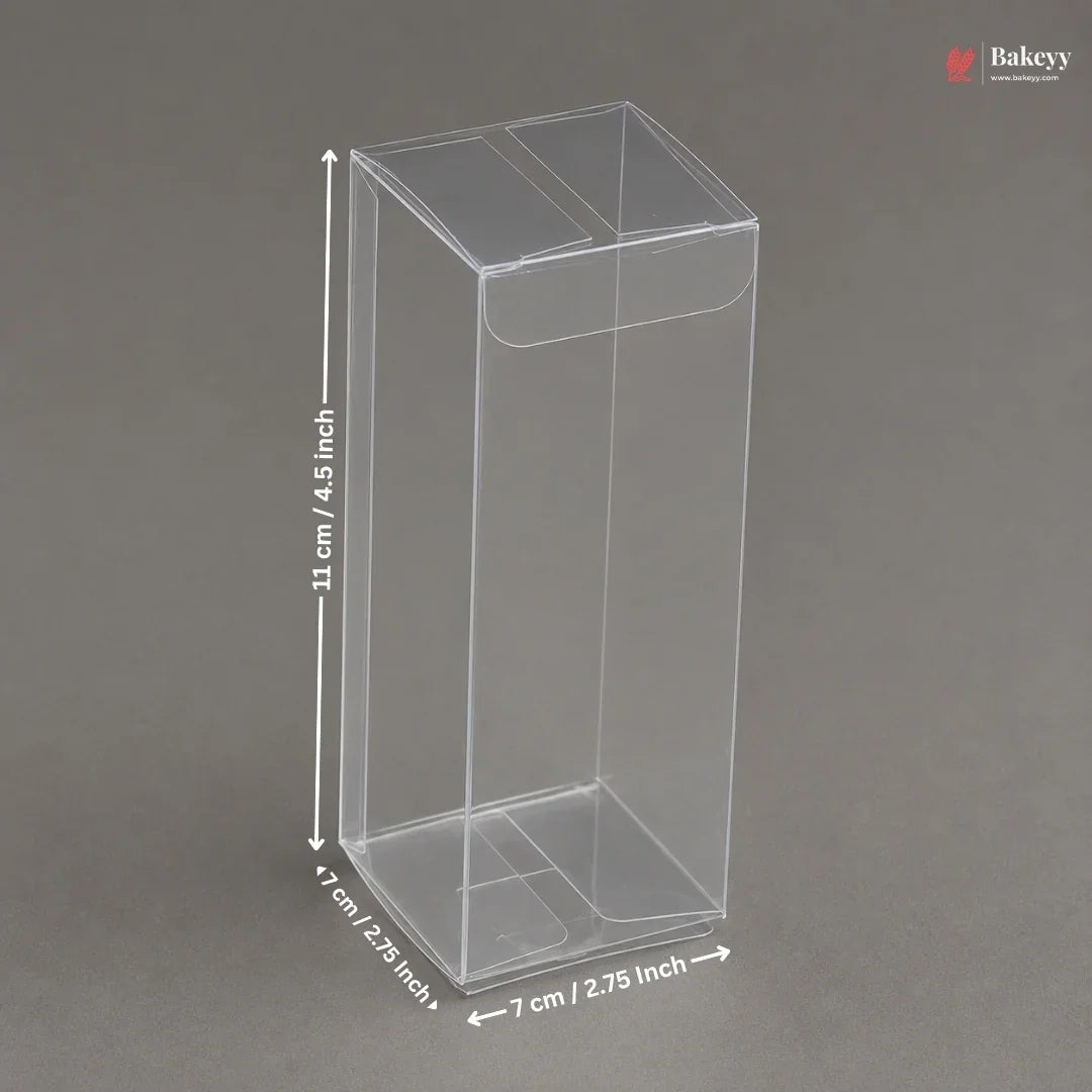 Clear plastic box with dimensions on a gray background