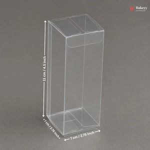 Clear plastic box with dimensions on a gray background