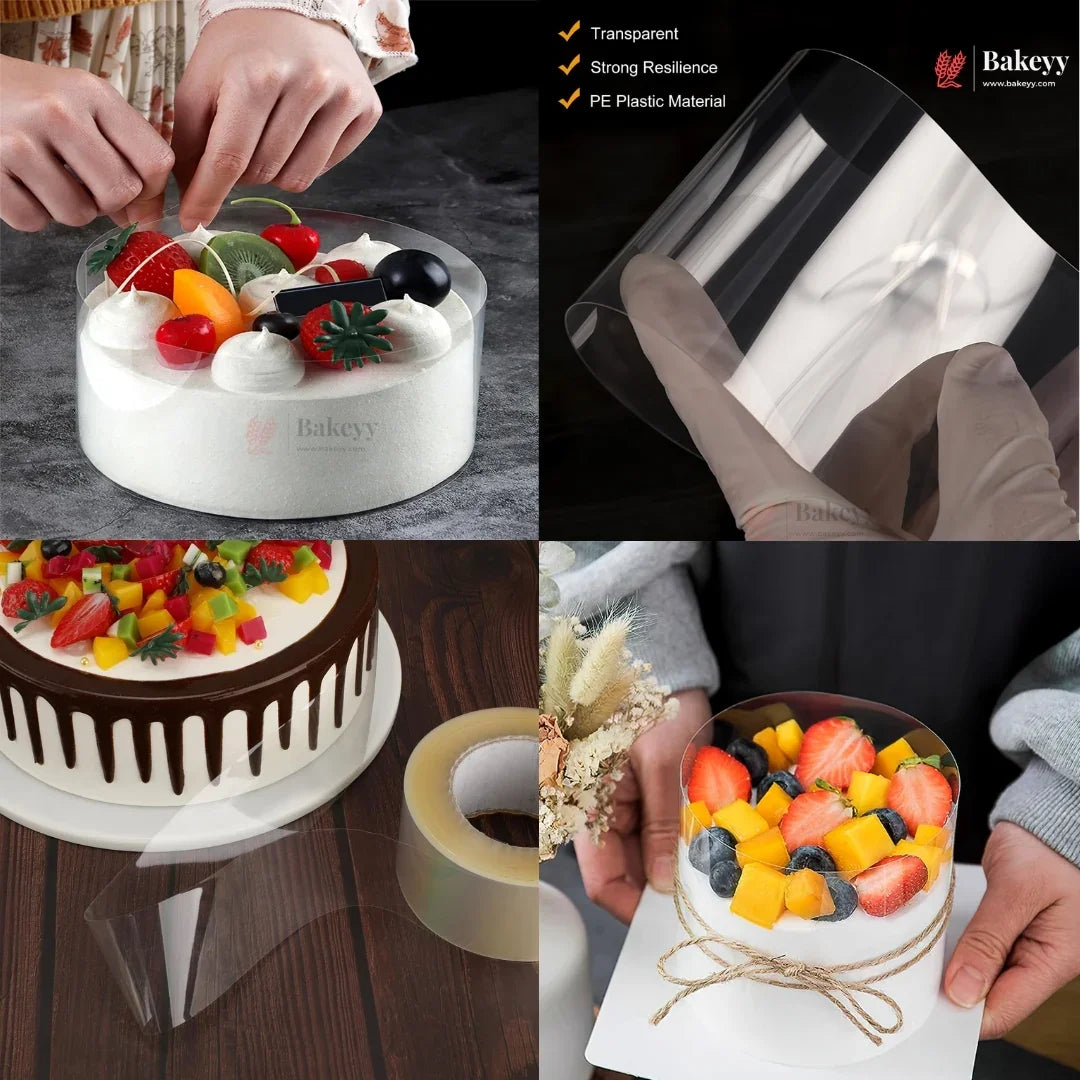 A four-panel collage showing a clear round plastic cake mold in use. The top-left panel shows hands placing fruit on a white frosted cake inside the mold.